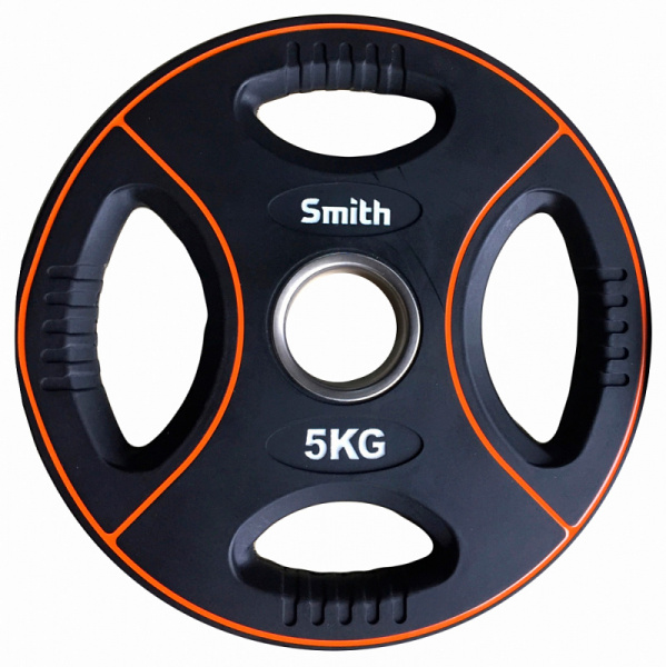 Диск для штанги c 4-м хватом Smith Strength, обрезиненный, втулка из нержавеющей стали, 5 кг